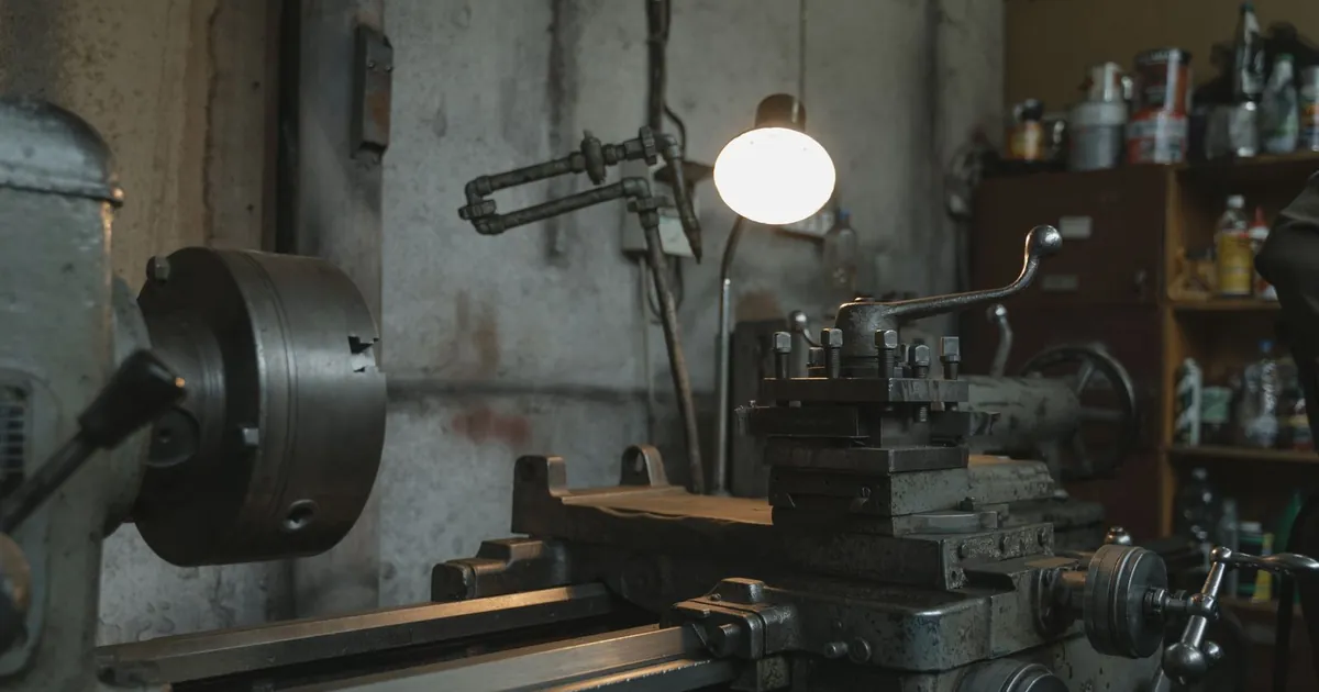 Torno convencional iluminado en el taller